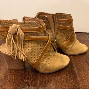 Franco Sarto suede beige open toe booties, size 6.5